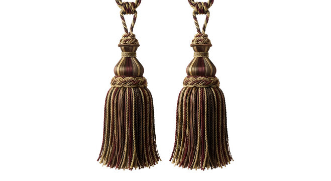 Pair of elegant luxury golden and maroon curtain tassels tiebacks with ornate braided rope isolated on black background