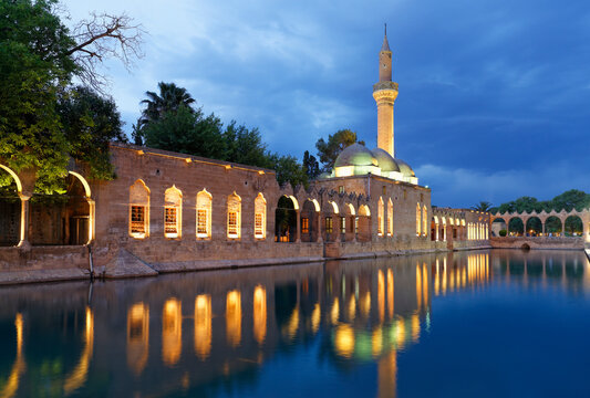 Turkey, Anatolia, Sanliurfa, Pool of Abraham with Rizvaniye Mosque in background