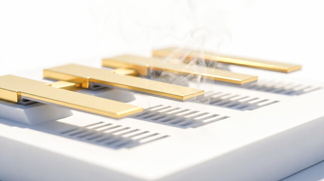 Macro close up featuring heated golden metallic electronic components releasing delicate wisps of white smoke against bright studio background setting