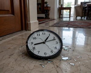 Naklejka premium Shattered Wall Clock with Cracked Glass Lying on Wooden Floor