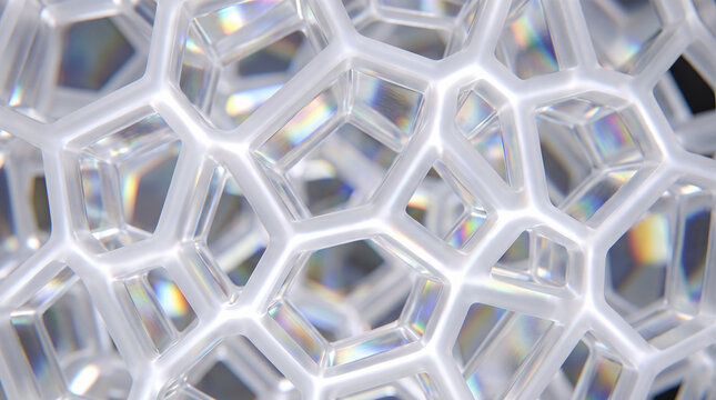 White plastic voronoi lattice structure showing thick interconnecting geometric lines during macro camera photography against dark isolated neutral backdrop displaying spectrum reflections