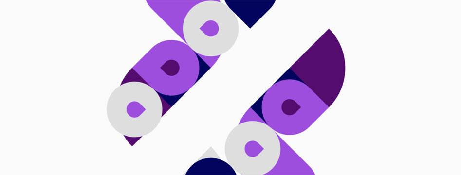 Abstract design features purple, white shapes. Circles, ovals overlap creating dynamic visual effect. Minimalist aesthetic, modern composition.