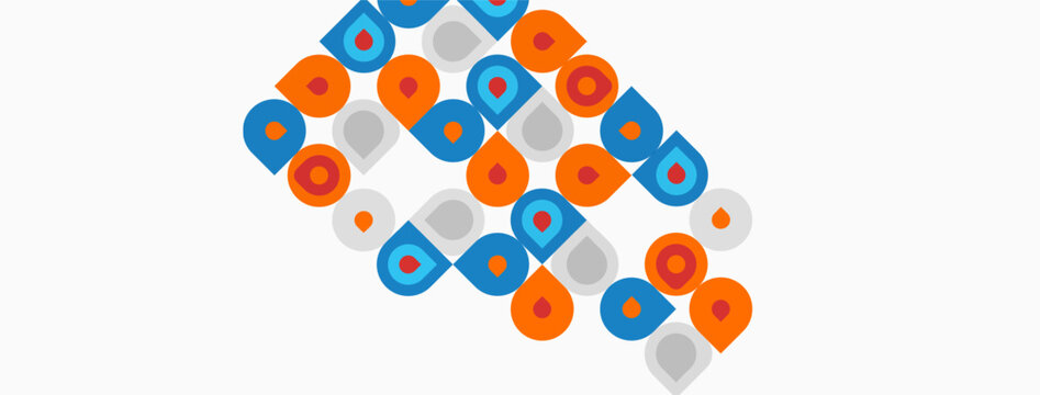 Abstract geometric shapes, orange, blue, white background. Repeating pattern creates visual texture, simple design.