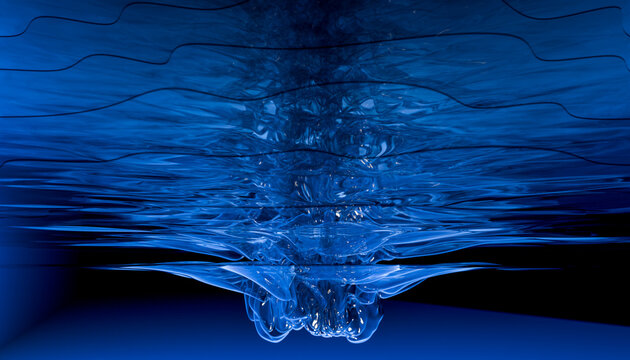 Abstract blue liquid creates a dynamic splash with deep waves