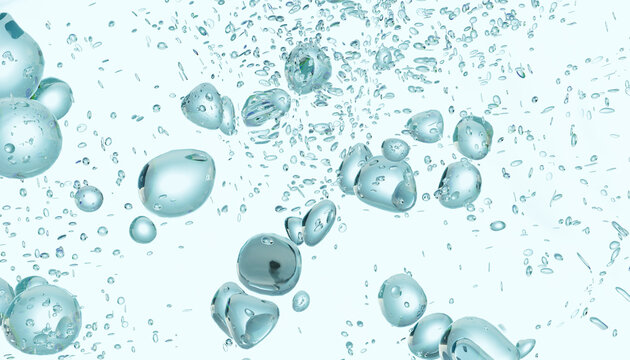 Transparent blue bubbles float across a clear background