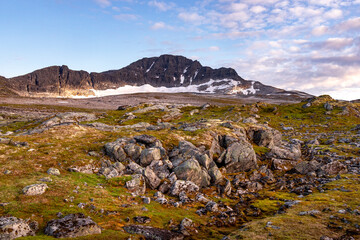 Obraz premium A small snow and ice spots high in the mountains during summer months. A summer scenery of World Heritage area in Western Norway.