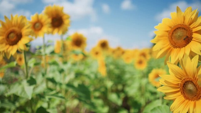 Close up of sunflowers swaying gently in field with bees visiting blooms. vibrant yellow petals and brown centers stand out against lush green leaves under bright daylight skies. Soft focus