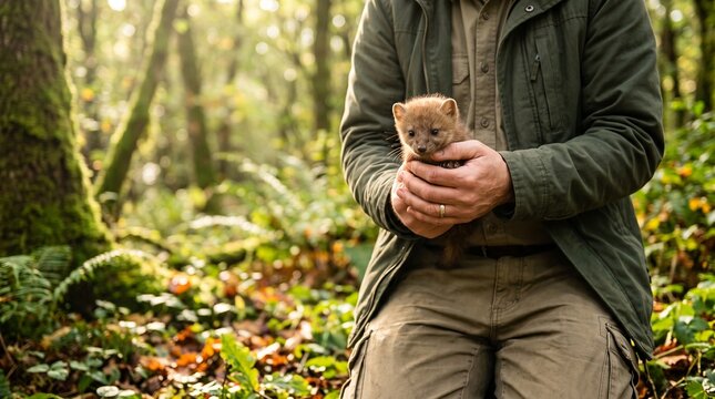 Wildlife ranger holding cute baby pine marten kit during forest rescue