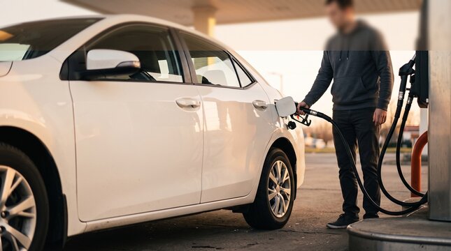 Man refueling white modern sedan car at outdoor gas station fuel pump