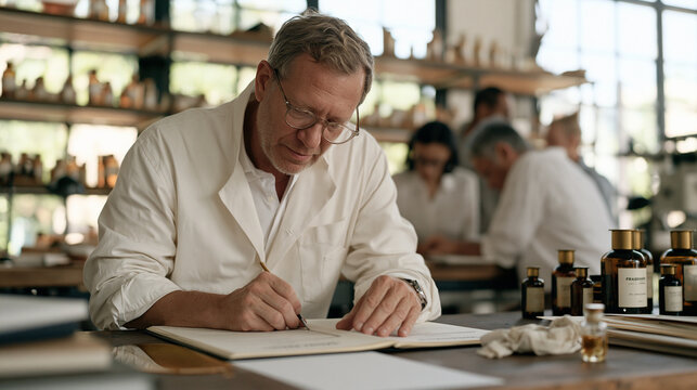 fragrance developer in a quiet rural countryside workshop cross-references two scent formula documents, a puddle of spilled carrier oil being wiped from the table, colleagues