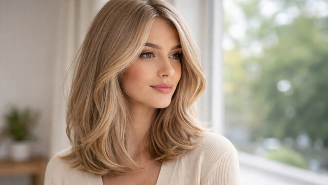 Portrait of young blonde woman with voluminous layered hairstyle in soft natural light near window, beauty and elegance concept