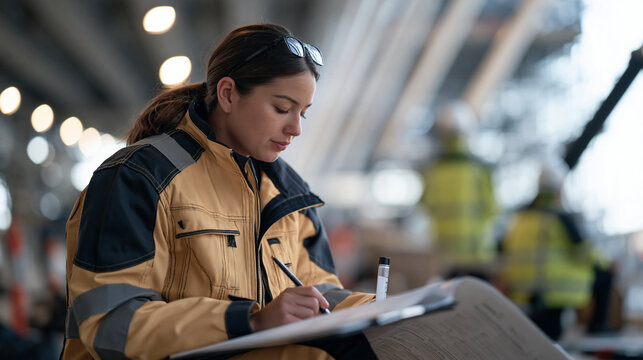 bridge inspector with glasses pushed up on her forehead tastes mineral water from a test vial while assessing a structural report in a busy urban underpass, wide establishing view