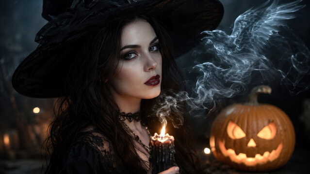 Young witch with a burning candle summons spectral ravens beside a glowing jack-o'-lantern, creating a dark and mystical Halloween fantasy.