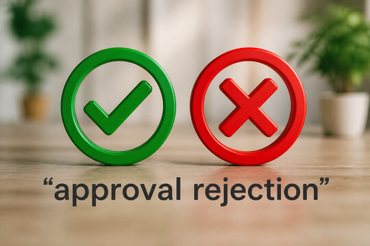 Green checkmark and red 'X' symbols on a wooden surface with blurred greenery in the background.