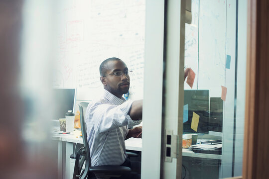 White collar worker sitting in office, sticking notes on glass walll