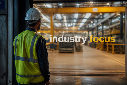 A construction worker in a hard hat stands inside a large industrial warehouse.