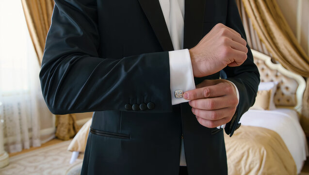 Adult groom adjusts an elegant cufflink on a white shirt beneath a black tuxedo, capturing refined wedding style and formal preparation.