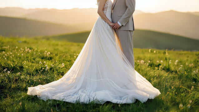 Bride and groom standing together in a sunlit meadow, with a flowing white wedding gown creating an elegant romantic countryside scene.