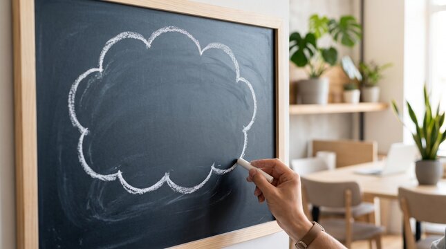Hand drawing cloud shape on chalkboard with copy space in modern office