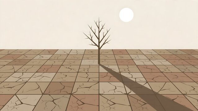 Minimalist Flat Vector Severe Drought with Fractured Geometric Grid of Cracked Earth, Stylized Leafless Tree, and Bright Sun Circle, Clean Muted Brown Beige Landscape Illustration