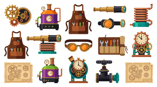 Halloween Steampunk tools and equipment set, mechanic workshop icons, vintage gears and sprockets, engineer aprons and gadgets, antique style illustrations