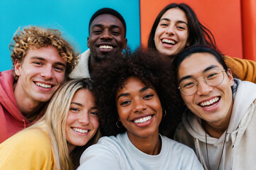 Fototapeta premium A group of diverse young adults are smiling and posing together in a brightly colored studio setting.