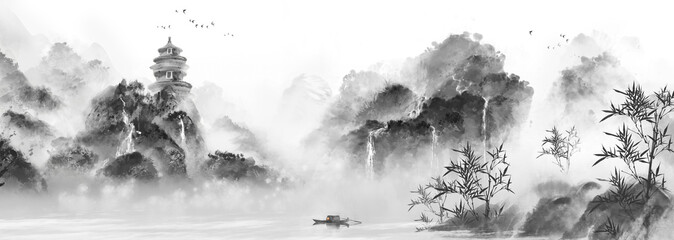 Obraz premium Black and White Ink Landscape with Pagoda Waterfall and Boat