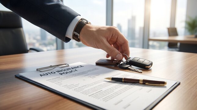 Professional businessman's hand reaching for car keys on a wooden desk with an auto insurance policy document, modern office background, bright sunlight, commercial concept