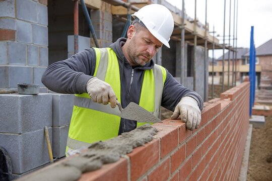 Skilled bricklayer constructing sturdy red brick wall on building site. Bricklayer meticulously working with trowel and mortar, ensuring precision in every layer.
