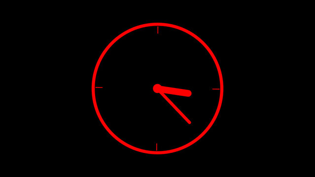 Red clock face with hands showing approximately 4:10 against a black background time