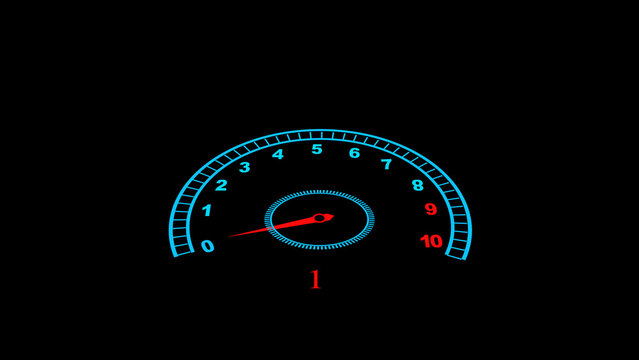 Illuminated Blue Tachometer Dial with Red Needle at 1 on Black Background speedometer gauge