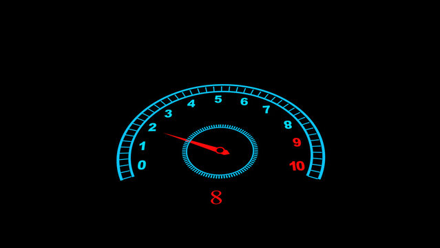 Bright Blue Tachometer Gauge with Red Needle at 8 on Black Background speedometer dial
