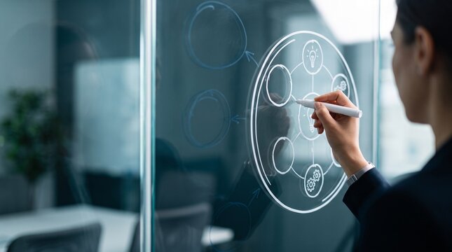 Businesswoman drawing strategy flowchart on glass board in modern office photo