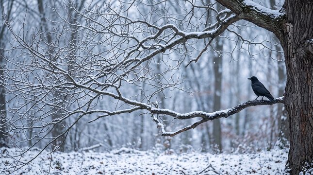 Black crow perched on snow covered tree branch in misty winter forest landscape