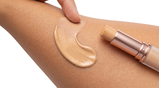 Creamy foundation stick swatch on skin, beige concealer makeup application, liquid face base texture for beauty advertising isolated PNG with Transparent Background