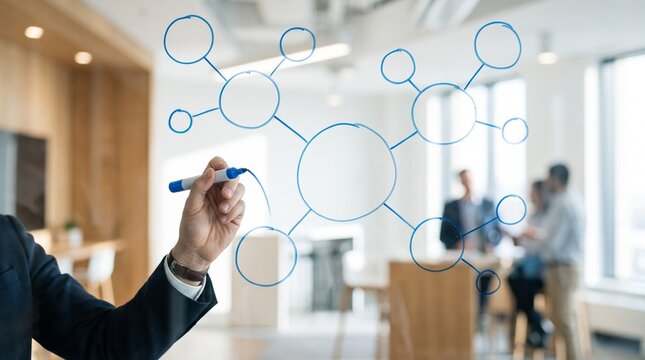 Businessman drawing mind map network diagram on transparent glass board