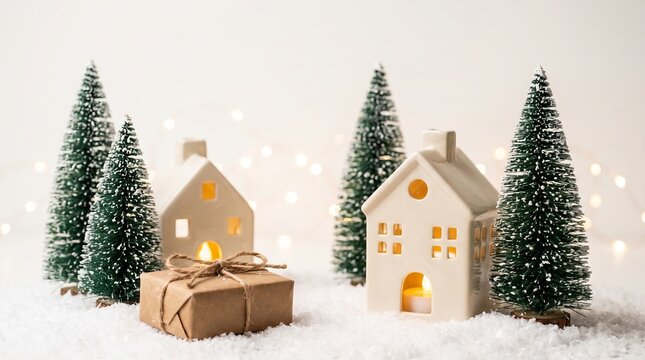 Christmas miniature houses with artificial fir trees and a wrapped gift box on white snow with warm glowing fairy lights