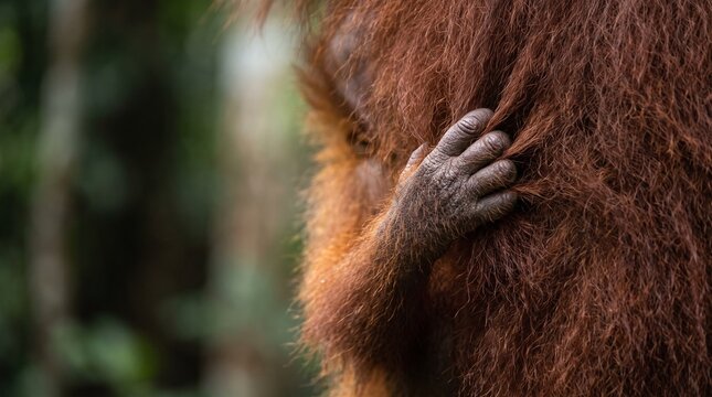 Baby orangutan hand grasping mother fur in tropical rainforest closeup photo