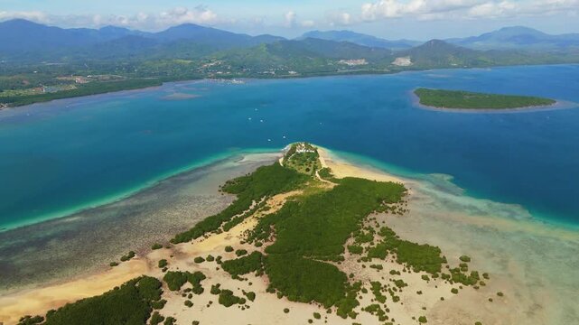 Aerial view of Cowrie Island featuring lush green vegetation, sandy beaches, and turquoise waters in Puerto Princesa City, Mimaropa, Philippines.