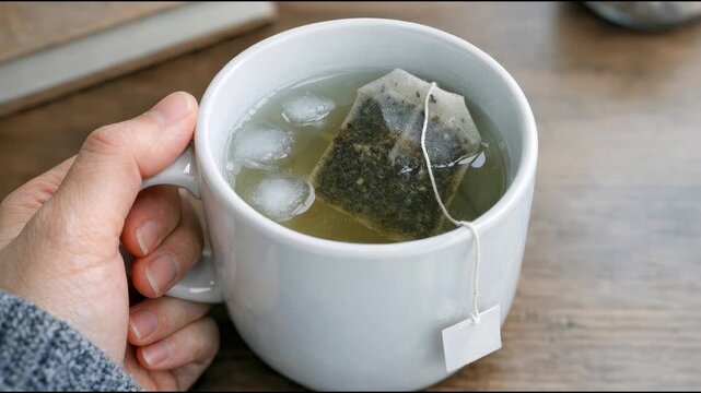 A person holding a cup of tea with a tea bag, great for cafe, office or home use