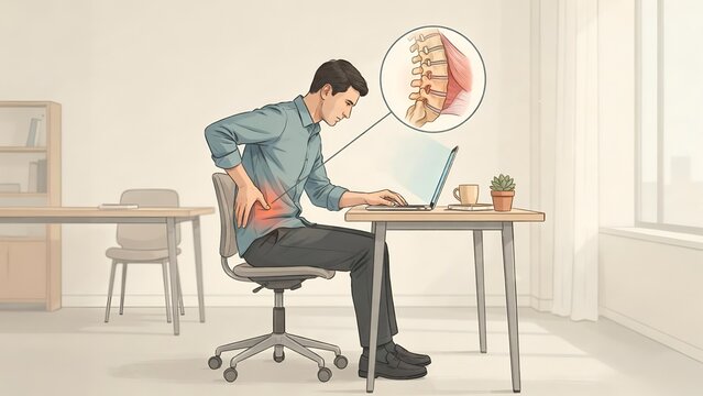 Man sitting at desk working on laptop experiencing lower back pain with spine anatomical inset