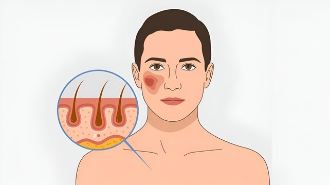 Illustration of a person with a skin rash on the cheek and an anatomical diagram of hair follicles in skin layers, isolated on white background