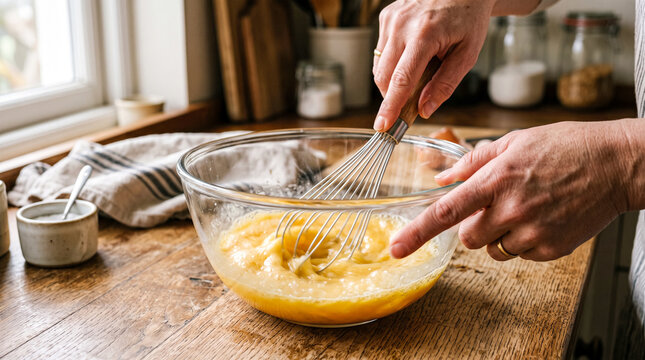 Close up of person whisking batter in a glass bowl in kitchen.