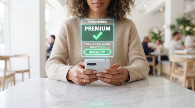 Woman using smartphone with futuristic holographic premium subscription interface futuristic technology smartphone user digital screen augmented reality modern device innovative interface