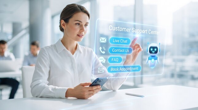 Businesswoman interacting with holographic customer support interface using smartphone business woman futuristic technology chatbot interface digital screen augmented reality office workspa