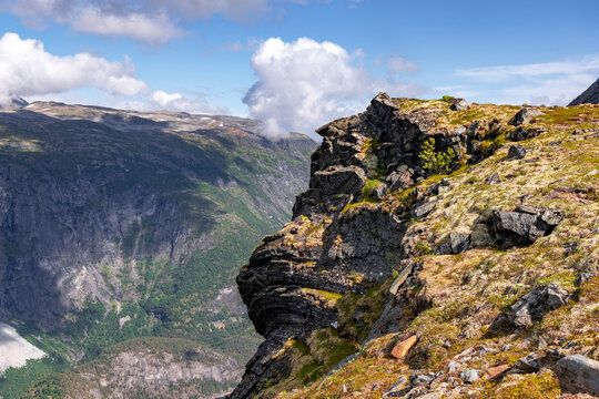 A beautiful rock formations in a nature reserve park. A summer landscape of a protected nature reserve Kallskaret in World Heritage Area in Western Norway.