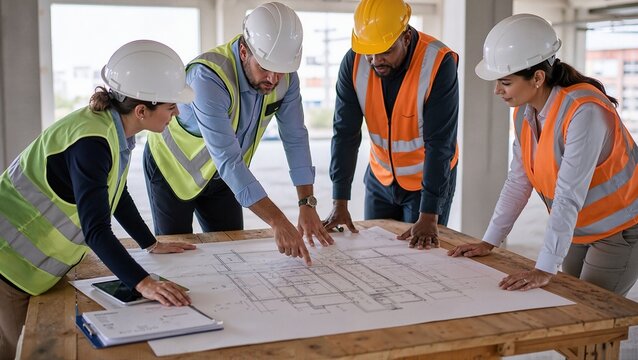 Construction project team reviewing site plans together at work. Construction workers in hard hats and safety vests gather around plans discussing project details and tasks.