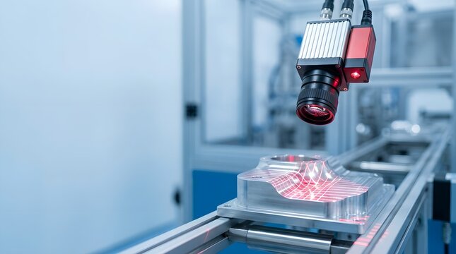 Laser grid inspection of metal CNC part using machine vision camera in factory