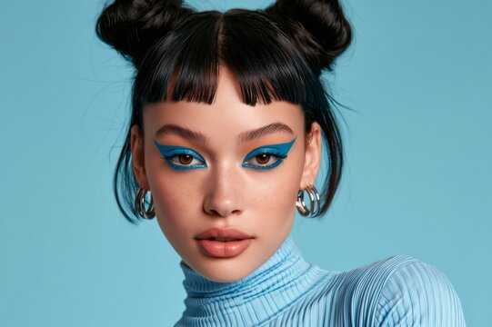 Young woman wearing creative blue eyeshadow makeup and space buns