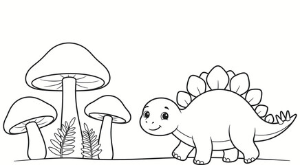Cute cartoon stegosaurus dinosaur standing next to a group of mushrooms for children coloring book page © Razia
